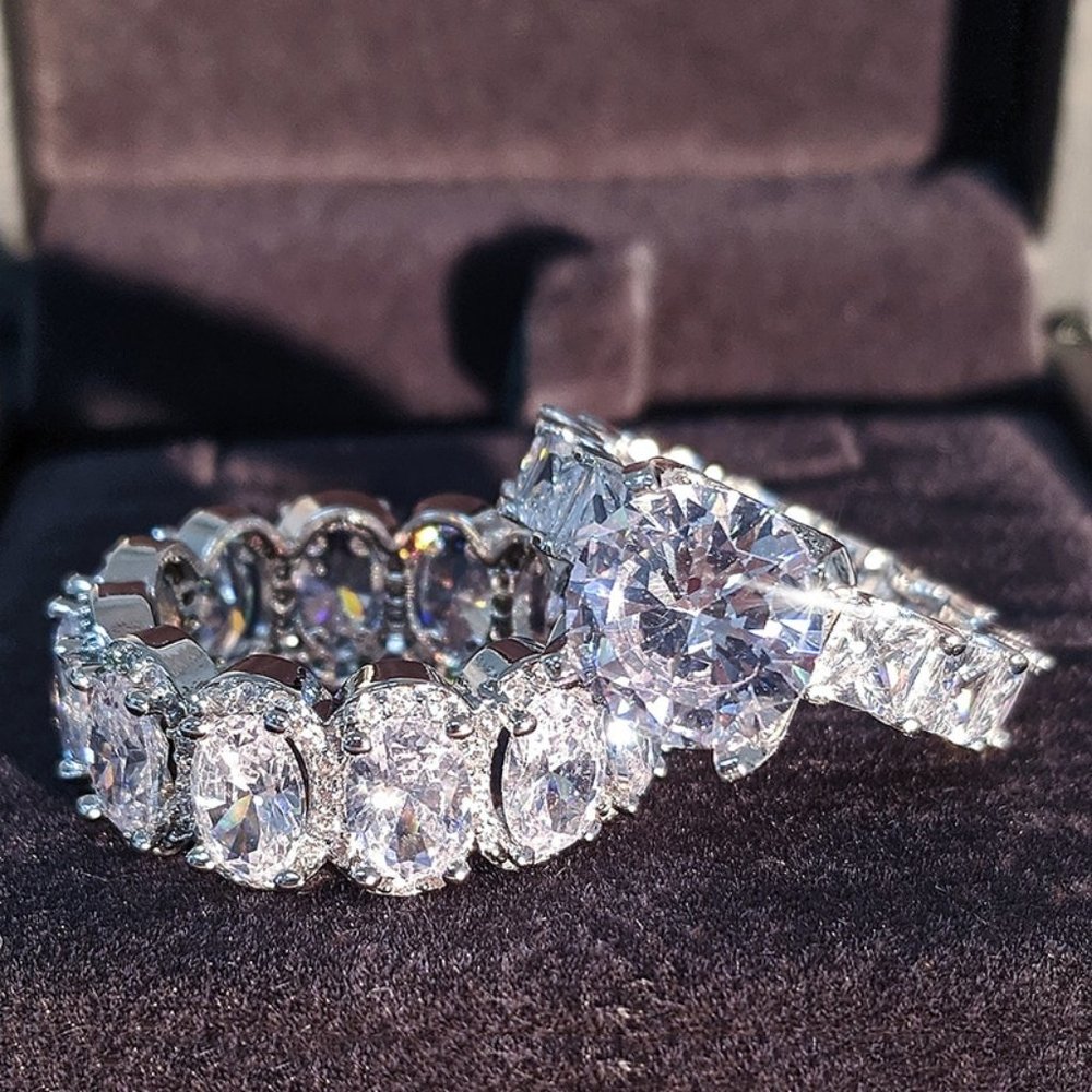 NEW Luxury 925 Sterling Silver Diamond Ring Set - Picture 4 of 6